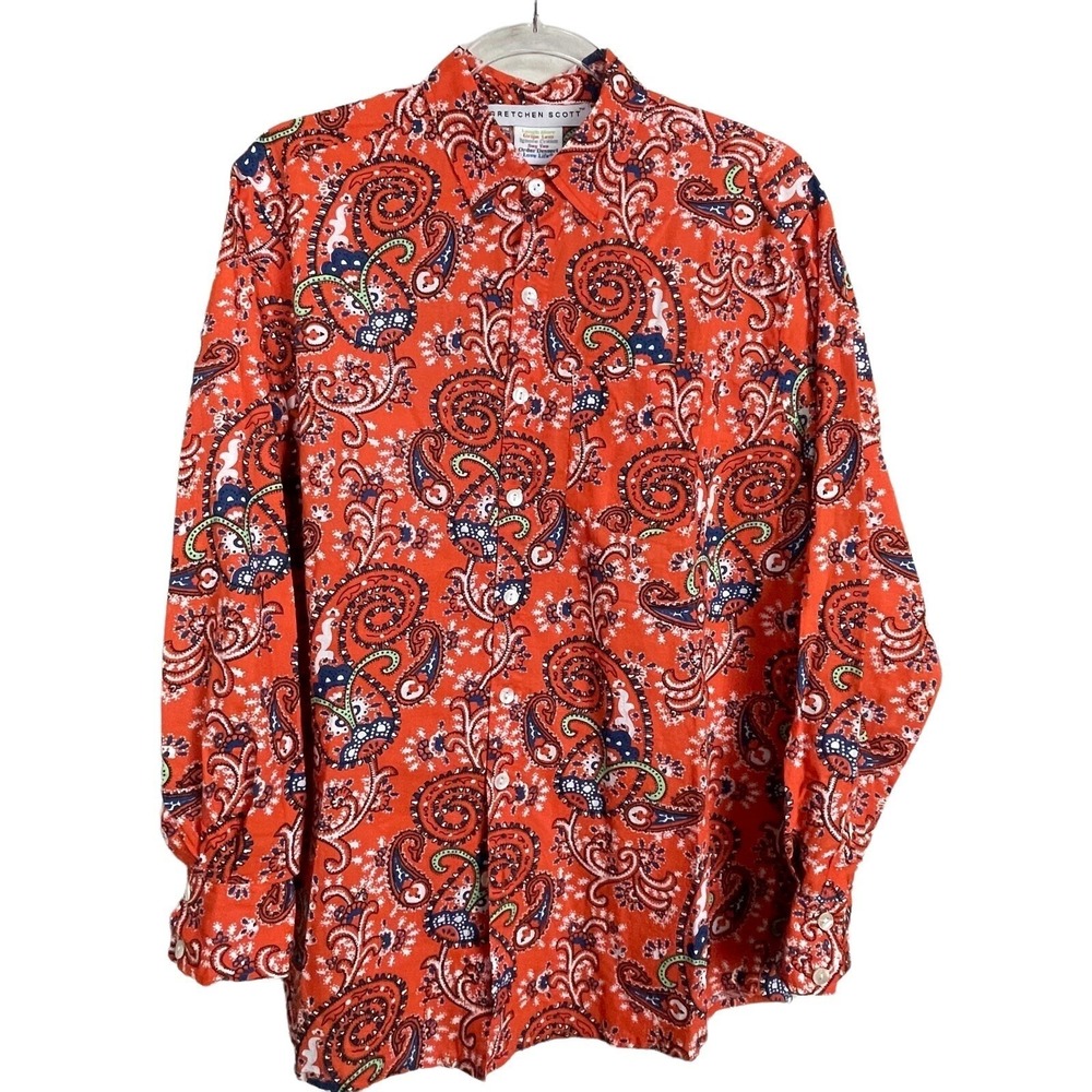Gretchen Scott Button Up Coastal Boho Shirt Womens Small Orange Paisley Cotton